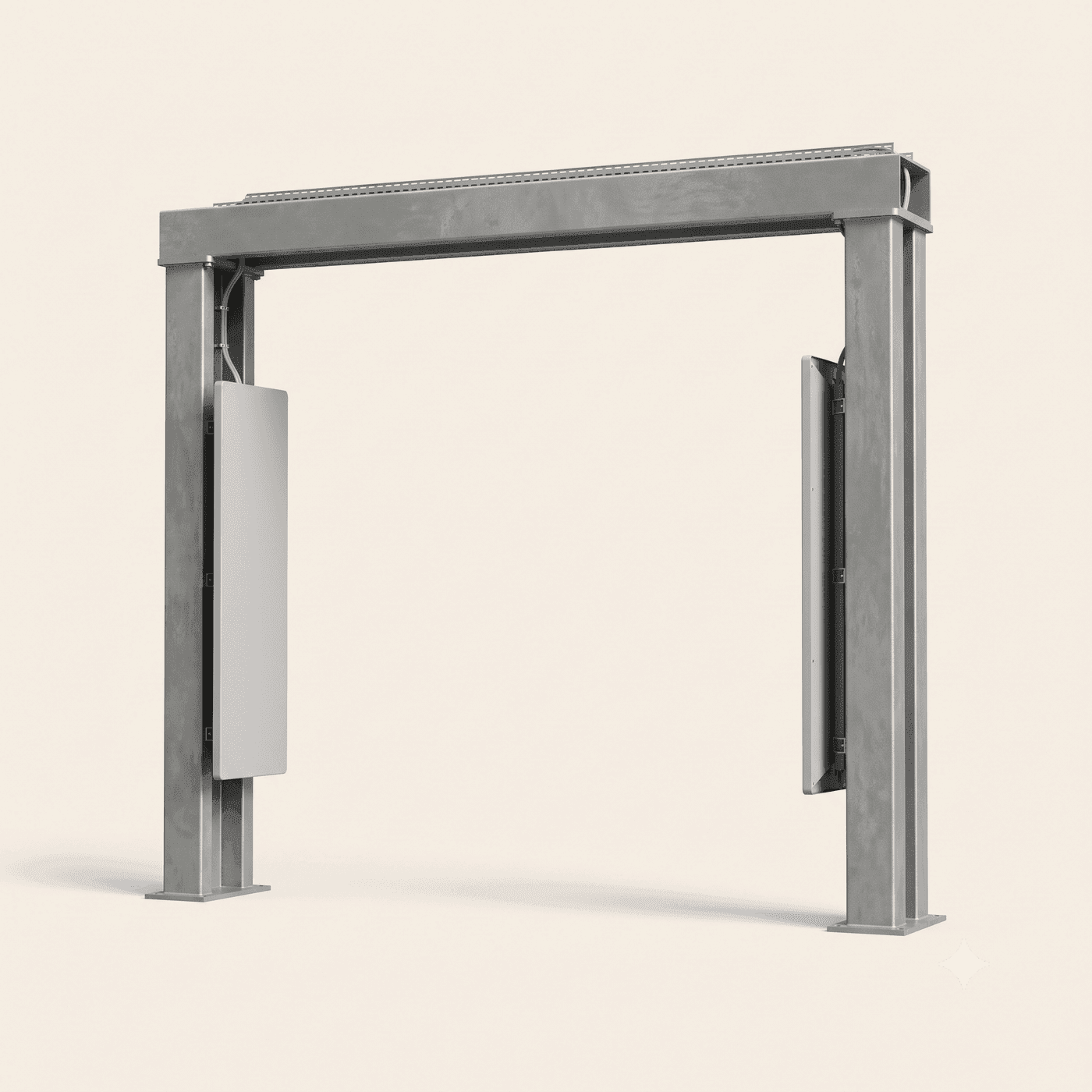 Heavy-duty warehouse dock RFID portal — a galvanised steel gantry with antenna panels on both uprights