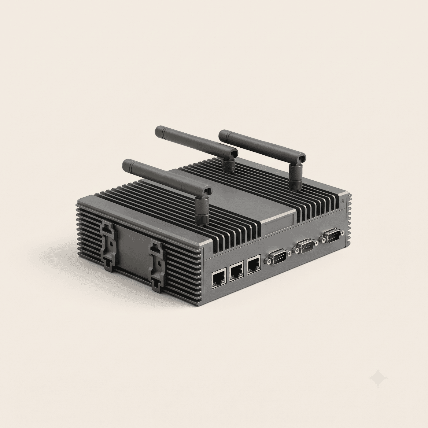 Compact industrial IoT edge gateway in a finned aluminium housing with two stub antennas