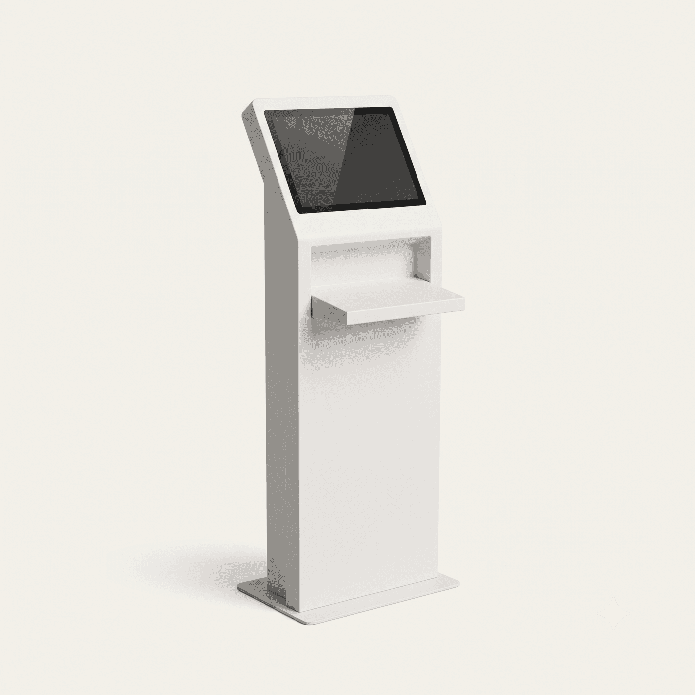 Floor-standing self-service kiosk with an angled touch display and a recessed item shelf