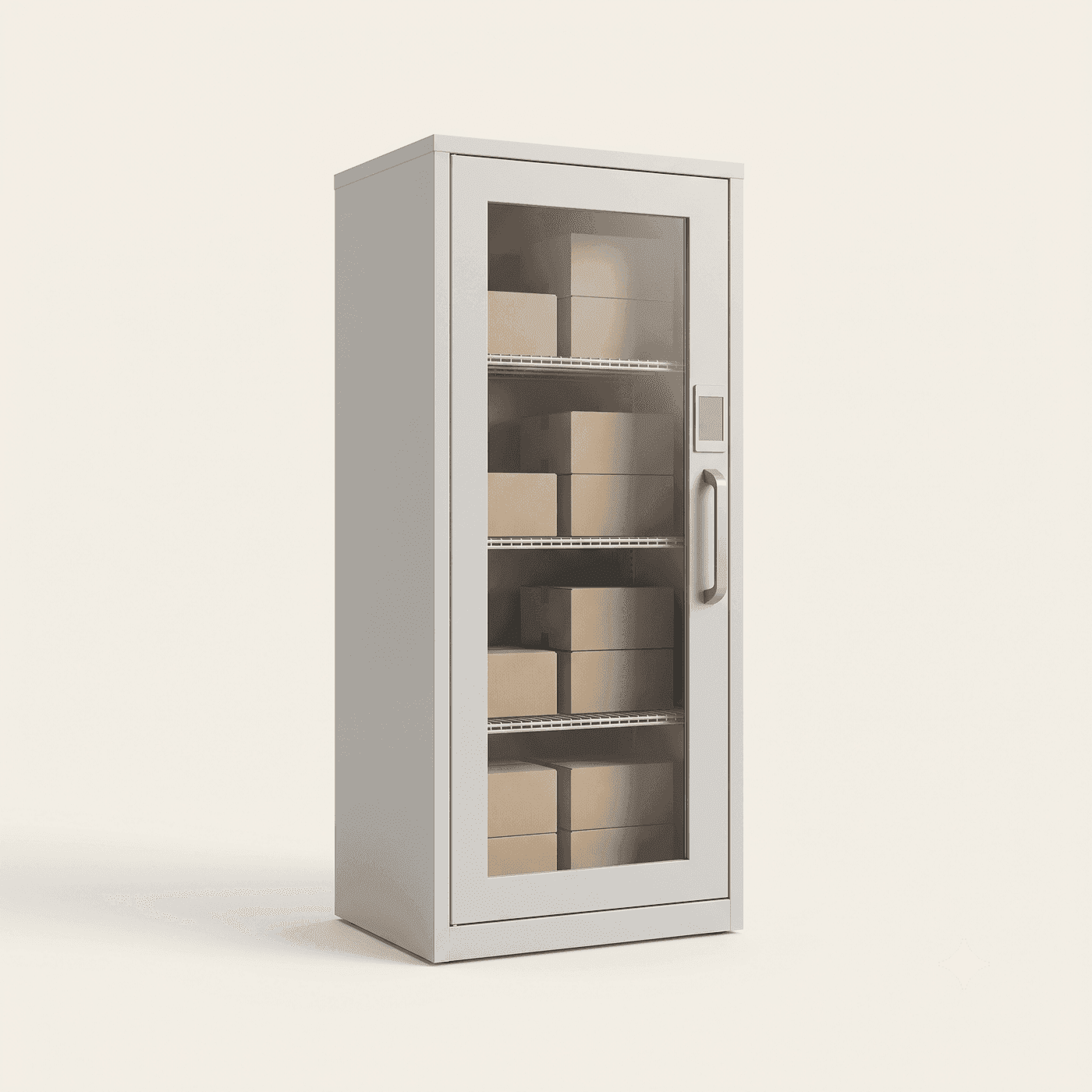 Hospital-grade supply cabinet with a glass door, wire shelves and a control panel beside the handle