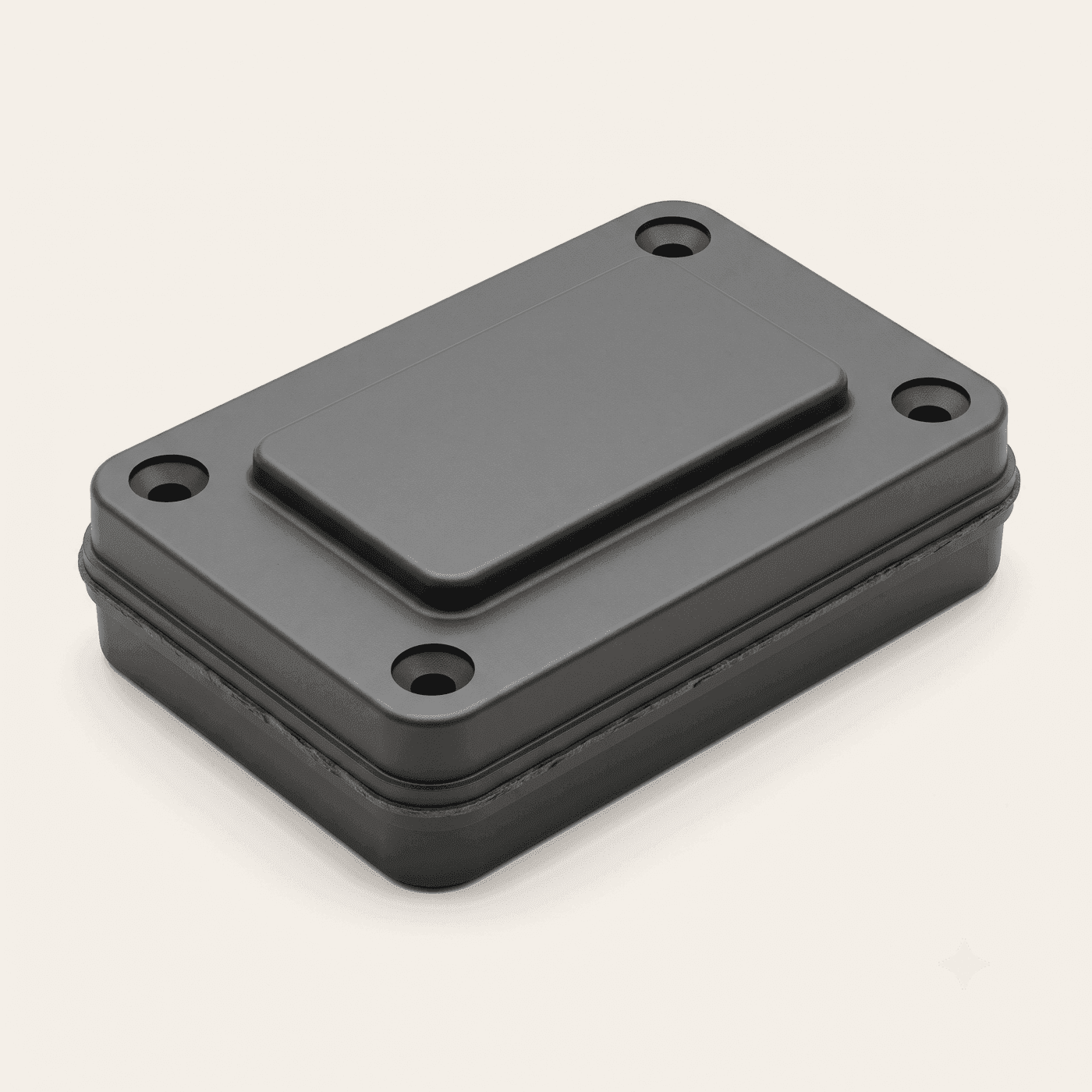 Heavy industrial outdoor asset tag — a thick moulded polymer block with four bolt holes and sealed edges