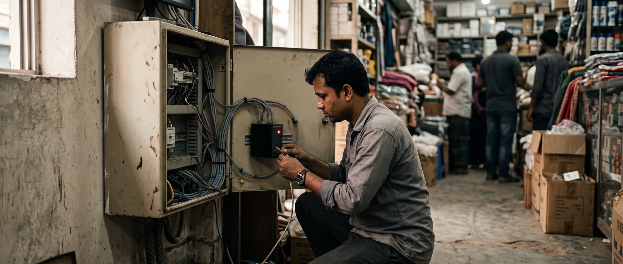 RFID readers and tagged stock moving through a Bangladeshi distribution floor