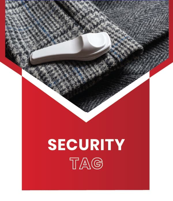 A RATS BD reusable security hard tag pinned to a tweed garment